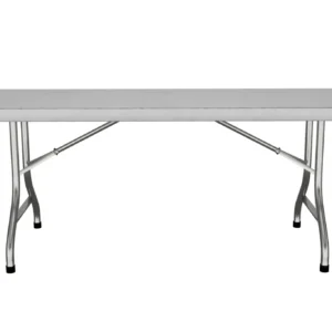 A simple gray folding table with metal legs.