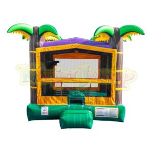 Colorful tropical-themed bounce house with palm tree decorations.