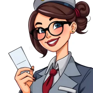 Smiling woman in a vintage pilot uniform holding a boarding pass.