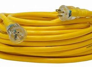 A coiled yellow extension cord with clear plugs.