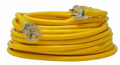 A coiled yellow extension cord with clear plugs.