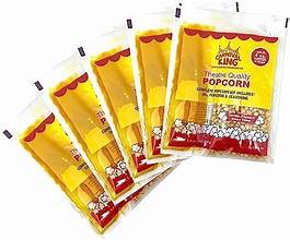 Five packets of yellow-labeled popcorn arranged side by side.