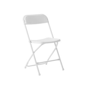 Simple white folding chair with metal frame.