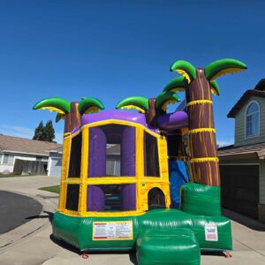 Colorful tropical-themed bounce house with palm trees in a suburban backyard.