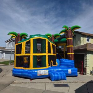 Colorful inflatable bounce house with a tropical theme set up outdoors.
