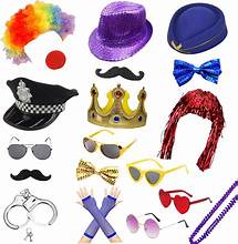Collection of colorful costume accessories including hats, glasses, and props.