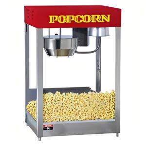 Commercial popcorn machine filled with freshly popped corn.
