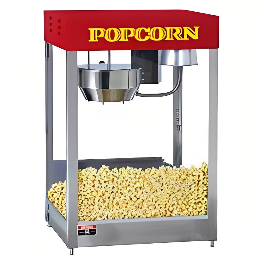 Commercial popcorn machine filled with freshly popped corn.