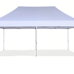 White outdoor canopy tent with metal frame and four legs.