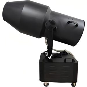 A large black industrial fog machine on wheels.