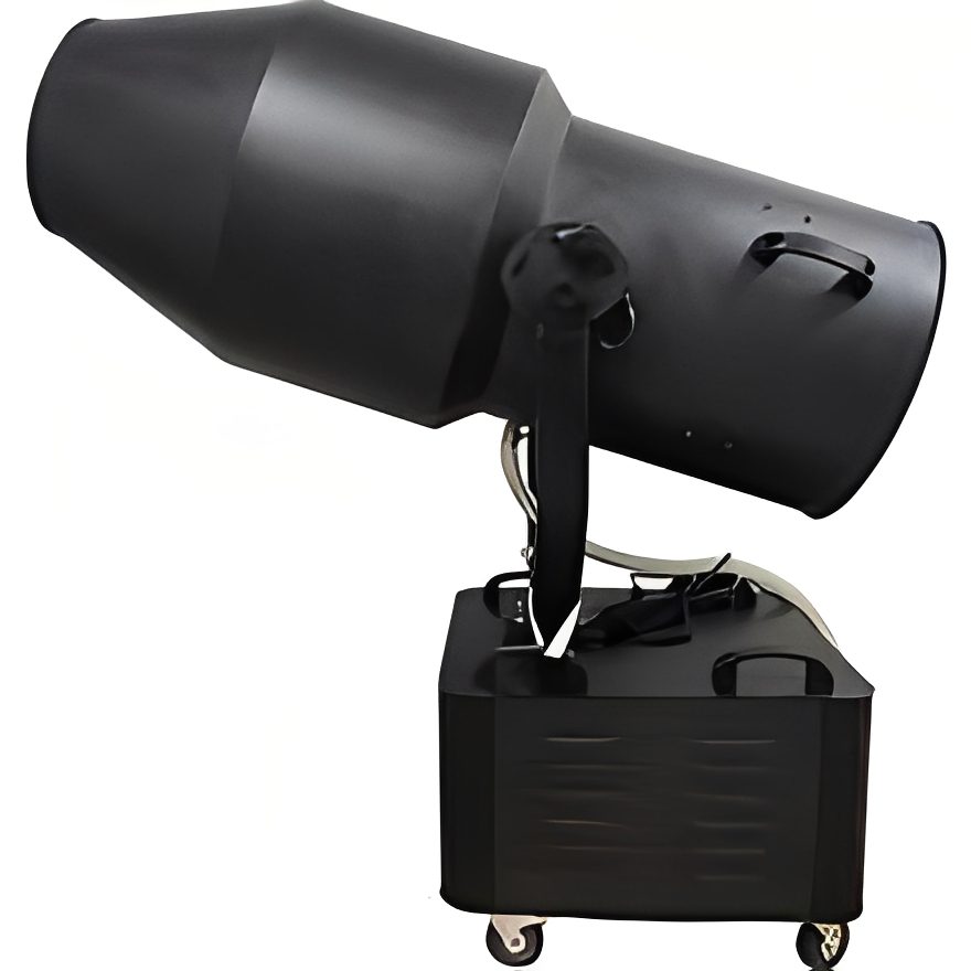 A large black industrial fog machine on wheels.
