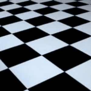 A black and white checkered pattern extending into the distance.